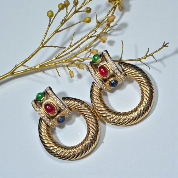 GIVENCHY Vintage 80's Chunky Jewels of India Mogul Twisted Doorknocker Earrings - Picture 2 of 6